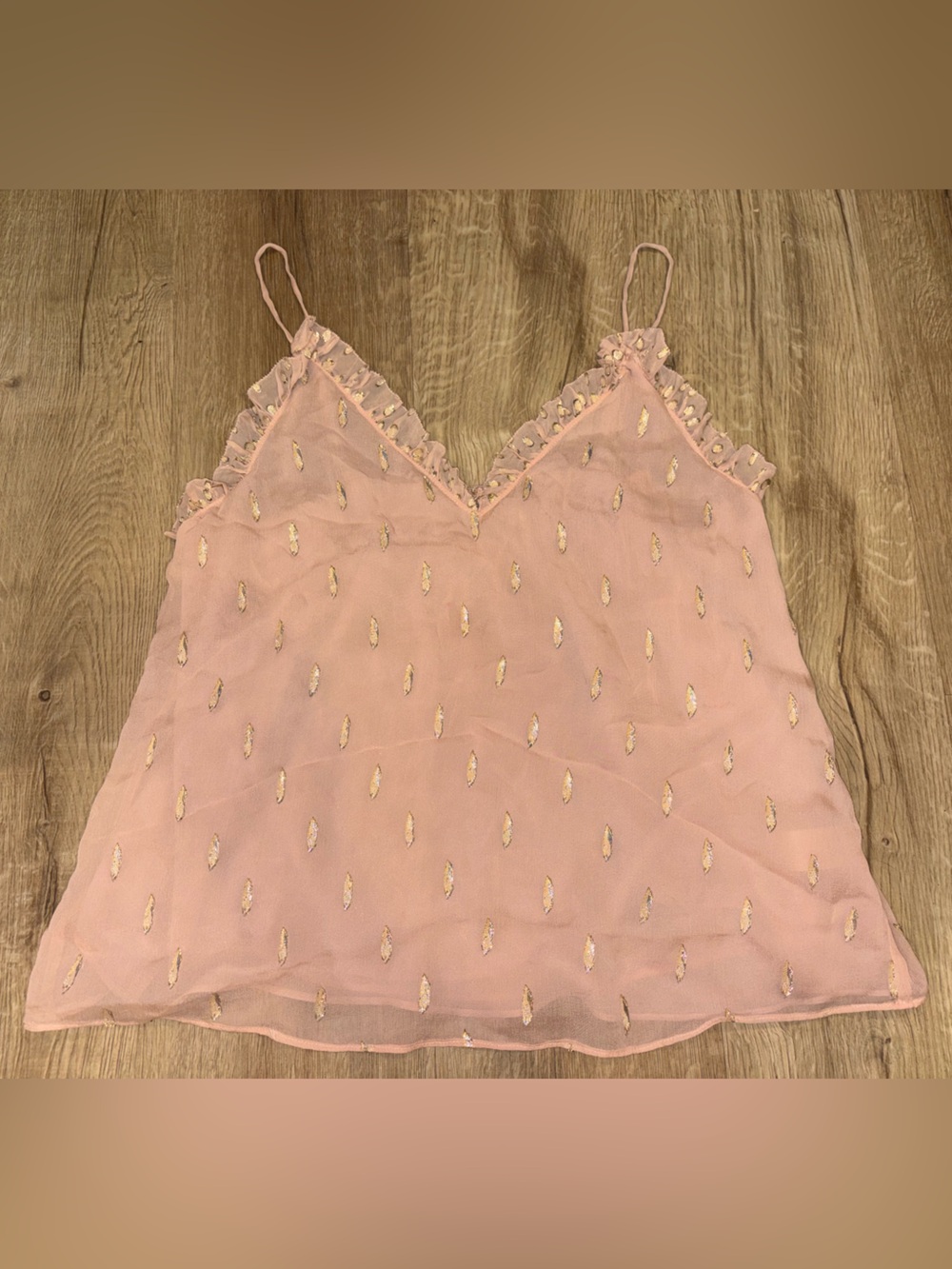 Rebecca Taylor Mauvy Pink Silk Camisole with Metallic Feather Print